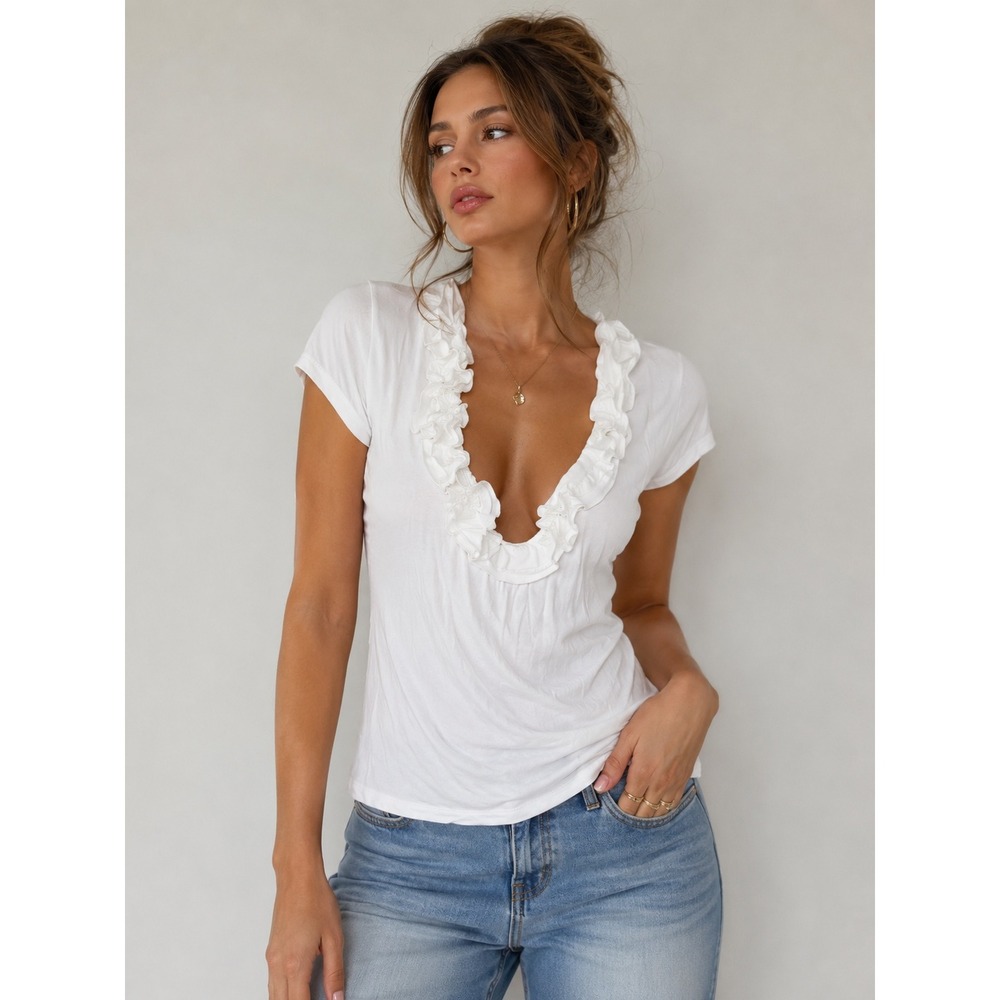 Willi Smith White Ruffled Deep V-Neck Short Sleeve Top Size L